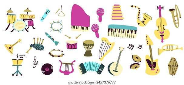 Festival music equipment set. Musical instruments collection in hand drawn style. Jazz music elements set. Orchestra and ethnic icons. 