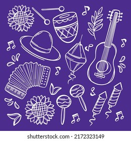 FESTIVAL MUSIC June Festival Catholic Tradition Brazil Carnival Holiday Composition With Musical Instruments On Purple Background Vector Illustration For Print