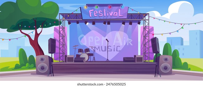 Festival music stage background banner for game design. Open air musical concert equipment with instrument on scene, spotlights, amplifiers, garlands at day cityscape view. Vector cartoon illustration