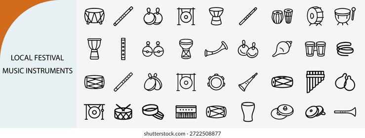 “Local festival musical instruments linear icon set, folk music culture vector”