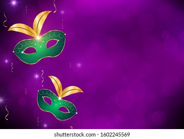 Festival mystic design in purple, yellow and green colors. Venetian mask with diamond and gold ornament, feather decoration. Purple background with bokeh, shiny stars. Copy space.