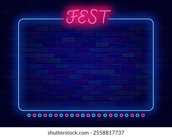 Festival neon banner. Funfair event and concert. Empty blue  frame. Cope space. Vector stock illustration