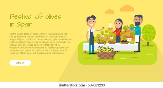 Festival of olives in Spain web banner. Flat style design. Spain entertainment festival. People sale olives and olive oil at market. Best price. Man and woman. Holiday event. Vector illustration
