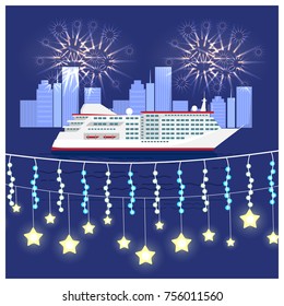 Festival on cruise liner visualization with large ship on water and fireworks on night sky. Vector illustration of boat on city background with buildings