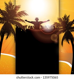 Festival Panel Background with DJ and Crowd against a Tropical Setting with Palm Trees