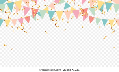 festival party colorful pastel flags and gold confetti falling on transparent background. celebration, birthday, festa, carnival, anniversaries and holiday