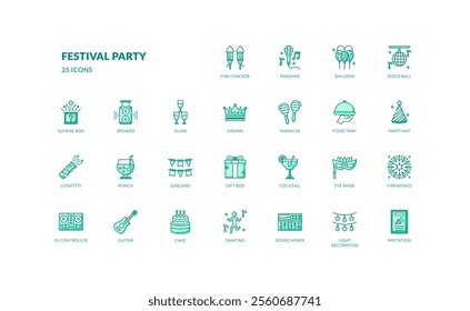 Festival party decoration with various entertainment detailed green filled line icon set