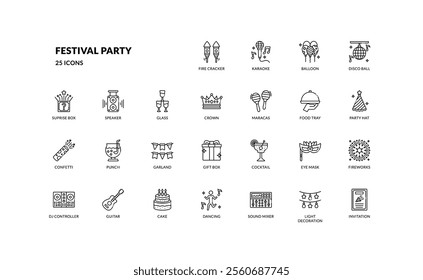 Festival party decoration with various entertainment detailed outline line icon set