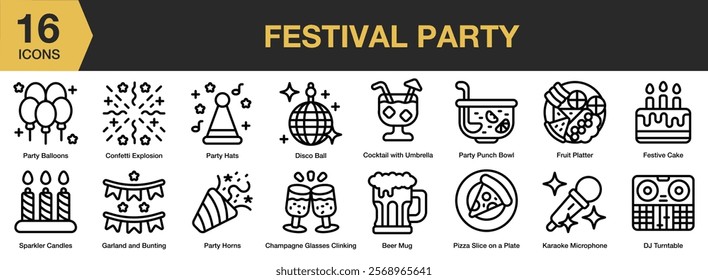 Festival Party icon set. Includes party, celebration, event, festival, confetti, dance, and More. Outline icons vector collection.