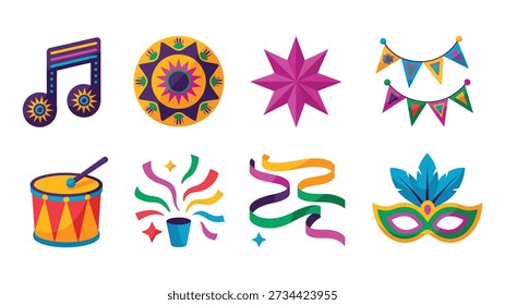 Iconos del partido del festival Vector fijado con el tambor, confeti de la cinta, banderas de bunting, roseta de la estrella, nota de la música, máscara del carnaval, decoraciones brillantes