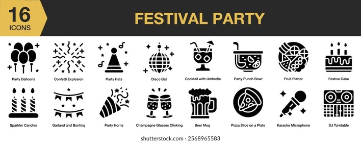 Festival Party solid icon set. Includes party, celebration, event, festival, confetti, dance, and More. Solid icons vector collection.