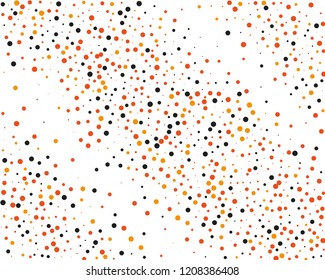 Festival pattern with color round glitter, confetti. Random, chaotic polka dot. Bright background, frame for Halloween, thanksgiving. Vector illustration. Typographic design. Orange and black color