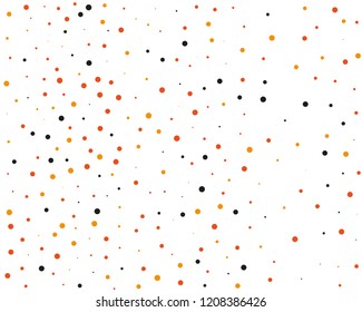 Festival pattern with color round glitter, confetti. Random, chaotic polka dot. Bright background, frame for Halloween, thanksgiving. Vector illustration. Typographic design. Orange and black color
