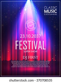 Festival Poster with Spotlight. Concert, Party, Theater, Dance & Show Design. Empty Scene with Stage Curtain. Poster Template with Light Effect. Vector illustration