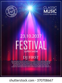 Festival Poster with Spotlight. Concert, Party, Theater, Dance & Show Design. Empty Scene with Stage Curtain. Poster Template with Light Effect. Vector illustration