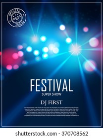 Festival Poster Template with Spotlights & Bokeh. Concert, Party, Theater, Dance, Presentation & Show Design. Empty Scene with Stage Curtain. Vector illustration