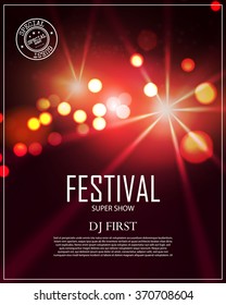 Festival Poster Template with Spotlights & Bokeh. Concert, Party, Theater, Dance, Presentation & Show Design. Empty Scene with Stage Curtain. Vector illustration