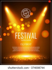 Festival Poster Template with Spotlights & Bokeh. Win, Concert, Party, Theater, Dance, Presentation & Show Design. Empty Scene with Stage Curtain. Vector illustration