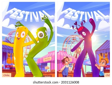 Festival posters with fair, kids, inflatable tube men and ferris wheel. Vector flyers with cartoon illustration of festive market with stalls, happy children, attractions and air dancers