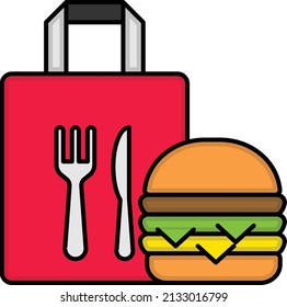 Festival Promotion Concept, Fork And Knife Printed Take Away Paper Hand Carry Bag Vector Color Icon Design, Retail Food Delivery Service Symbol, Touch Less Meal Courier Sign, Grocery Pickup Stock  