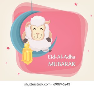 Festival of sacrifice Eid al-Adha. Traditional muslin holiday. Greeting card with funny sheep holding golden lantern and sitting on the moon. Vector illustration on abstract background.