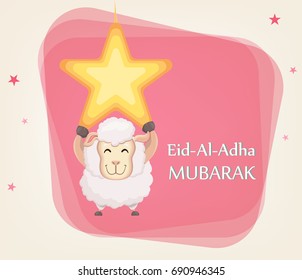 Festival of sacrifice Eid al-Adha. Traditional muslin holiday. Greeting card with funny sheep hanging on the star. Vector illustration on abstract background.