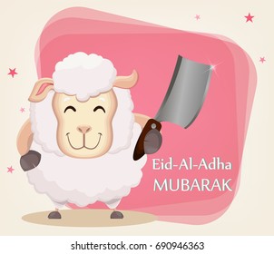 Festival of sacrifice Eid al-Adha. Traditional muslin holiday. Greeting card with funny sheep holding cleaver. Vector illustration on abstract background.