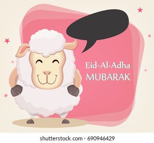 Festival of sacrifice Eid al-Adha. Traditional muslin holiday. Greeting card, funny sheep with empty speech bubble. Vector illustration on abstract background.