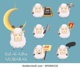 Festival of sacrifice Eid al-Adha. Traditional muslin holiday. Set of funny sheep. Vector illustration