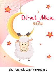 Festival of sacrifice Eid-Al-Adha. Eid Mubarak. Goat hanging on the moon. Vector illustration on abstract background