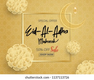 Festival of Sacrifice, Eid-Al-Adha Mubarak,vector sale promotion banner on Arabic pattern gold background