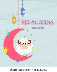 Festival of sacrifice Eid-Ul-Adha.  Lettering translates as Eid Al-Adha (feast of sacrifice). Greeting card. Moon, stars and lanterns.