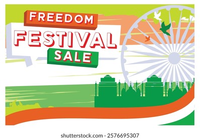 Festival sale banner celebrating freedom with patriotic elements and cultural depictions, featuring Taj Mahal imagery, Indian flag colors, and creative designs promoting festive shopping and national 