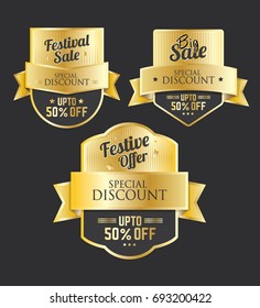 Festival Sale Golden Badges and Sticker Set with 50% Discount Tag