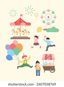 Festival scene with kids, carousel, clown