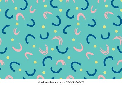 Festival seamless pattern with hand drawn confetti. Colorful circles, dots, lines on turquoise background, vector illustration