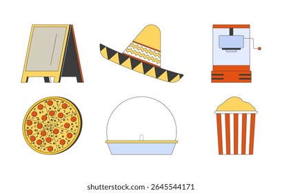 Lanches de festival e decoração de evento de carnaval conjunto de objetos de desenho animado 2D. Pizza, pipoca, sombrero, sinal de calçada, máquinas elementos isolados clipes vetoriais planos artes no branco. Coleção de ilustrações especiais