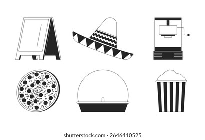 Lanches de festival e decoração de evento de carnaval conjunto de objetos de linha 2D. Pizza, pipoca, sombrero, sinal de calçada, máquinas cliparts isolados itens de contorno de tinta vetorial. Coleção de ilustrações pontuais monocromáticas