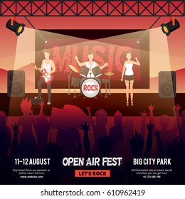 Festival square banner with female-fronted rock music band performing on stage in front of audience vector illustration