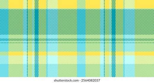 Festival texture seamless textile, everyday check background fabric. Mixed vector pattern plaid tartan in cyan and yellow colors palette.