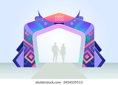 Arco de entrada temático del festival con patrón gráfico abstracto y forma de diseño para eventos culturales y programas . Formato de Vector editable.