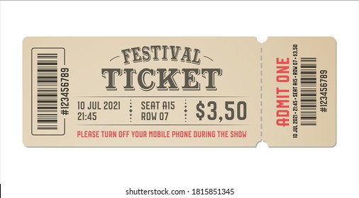 Festival ticket template design. Retro style of ticket for entrance. Vector vintage ticket for festival, event, party, cinema, theater, concert, play.