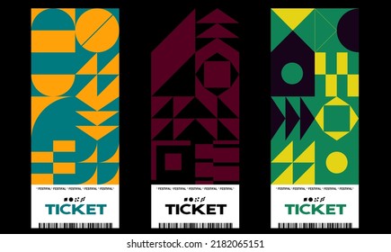 Festival tickets design layout templates collection made with vector geometric pattern graphics and abstract text.Useful for creating invitations, banners, posters, flyers, prints, labels, etc.