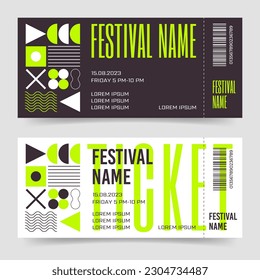 Festival Tickets diseño de plantillas de estilo minimalista geométrico. Suizo Bauhaus y2k Brutalist burckup Cupón con patrones de formas primitivas. Ilustración vectorial plana para eventos, conciertos, fiesta