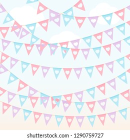 Festival triangle flags pastel color red violet hanging on the blue sky vector background