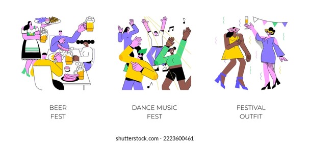 Festival trip isolated cartoon vector illustrations set. Diverse friends drink together at beer fest, having fun together, young people dance at music event, girls in party outfit vector cartoon.