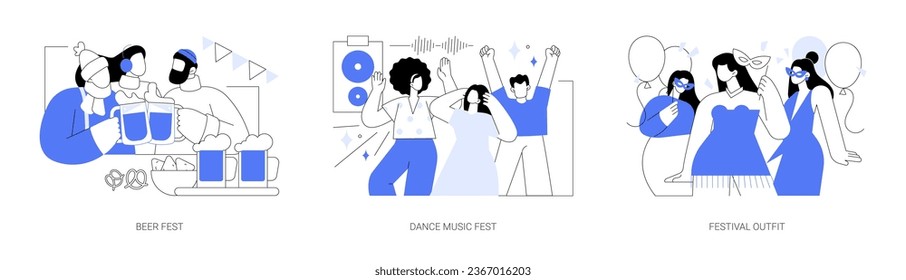 Festival trip isolated cartoon vector illustrations set. Diverse friends drink together at beer fest, having fun together, young people dance at music event, girls in party outfit vector cartoon.