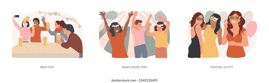 Festival trip isolated cartoon vector illustrations set. Diverse friends drink together at beer fest, having fun together, young people dance at music event, girls in party outfit vector cartoon.