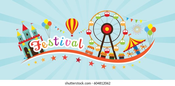 Festival Typeface with objects and Icons, Theme Park, Amusement Park, Fun Fair