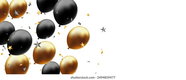 festival vector background with gold, black balloon and confetti for Black Friday banner, card, social media, congratulations